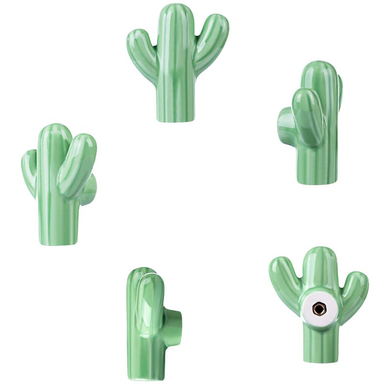 ZILucky Cactus Shape Ceramic Drawer Pulls Handles for Nursery Dresser Cupboard Wardrobe Cabinet Kitchen Desert Green Plant Theme Knobs Pack of 6 (Green) - Image 3